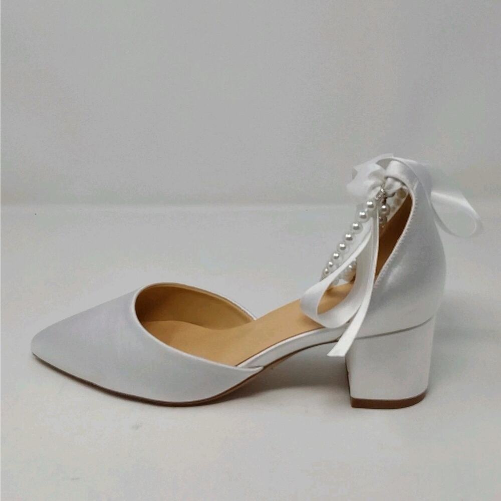 White Satin Bridal Pearl Ankle Strap Block Heel Wedding Pumps Women’s Size 8.5 - Picture 7 of 15